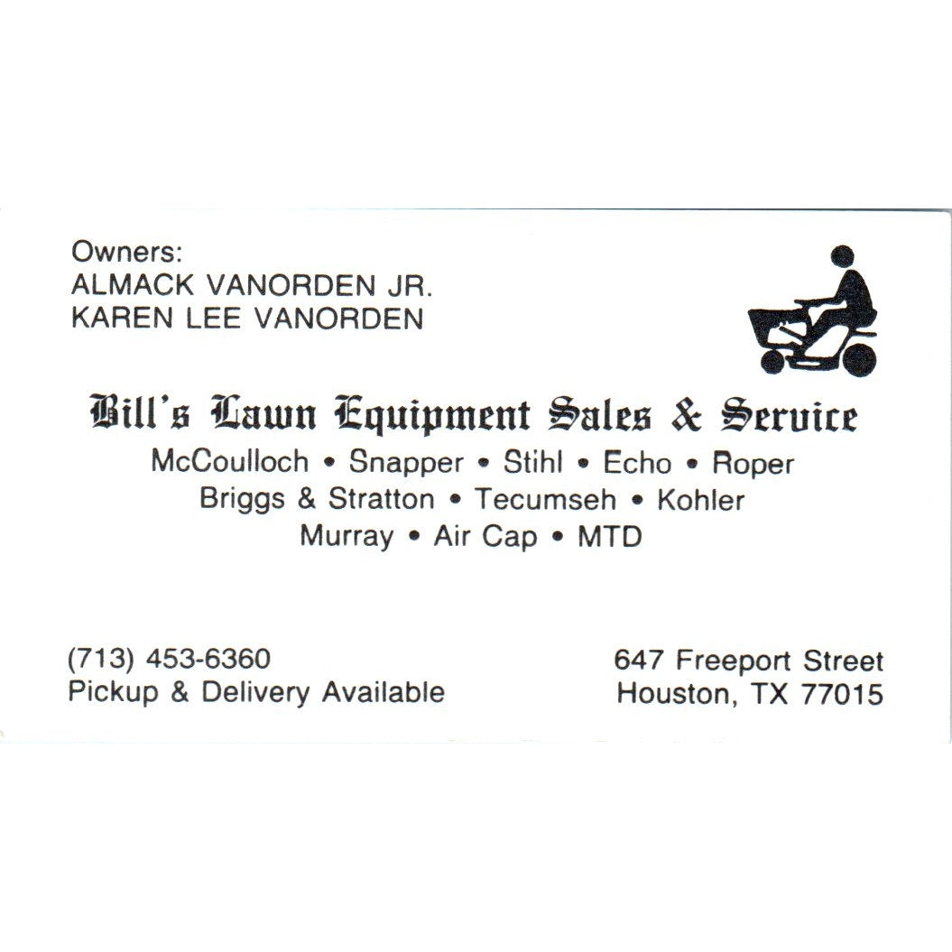 Bills Law Equipment Almack & Karen Lee Vanorden Houston Business Card SD8-B18