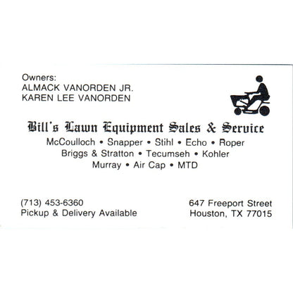Bills Law Equipment Almack & Karen Lee Vanorden Houston Business Card SD8-B18