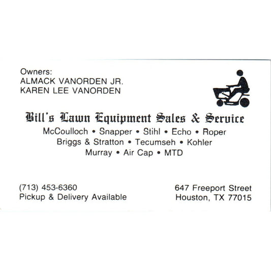 Bills Law Equipment Almack & Karen Lee Vanorden Houston Business Card SD8-B18