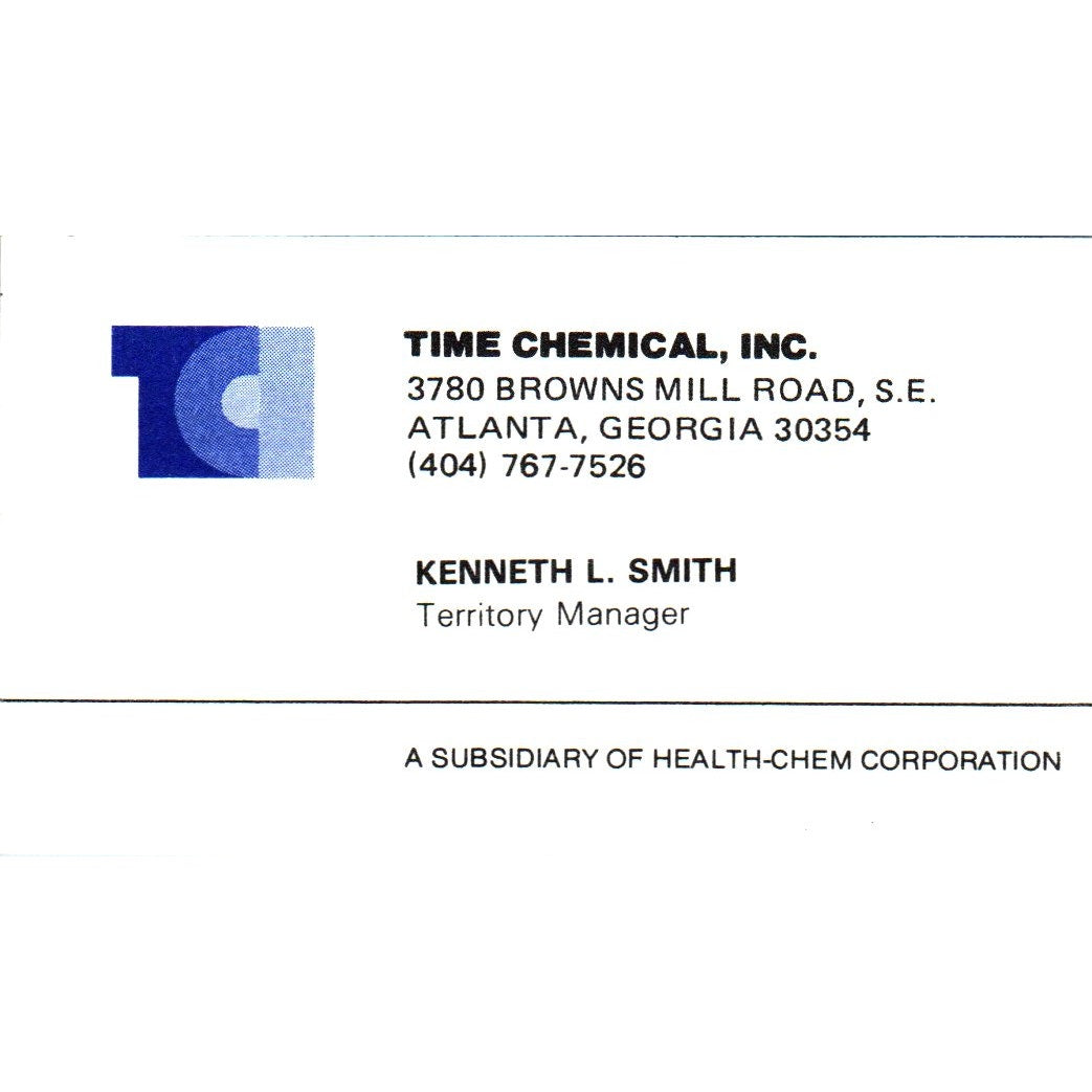 Kenneth L Smith Time Chemical Inc Atlanta GA Vintage Business Card SE3-B10