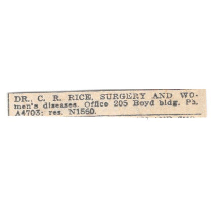 Dr C.R. Rice Surgery and Women's Diseases 205 Boyd Bldg Winnipeg 1920 Ad AG2-S13