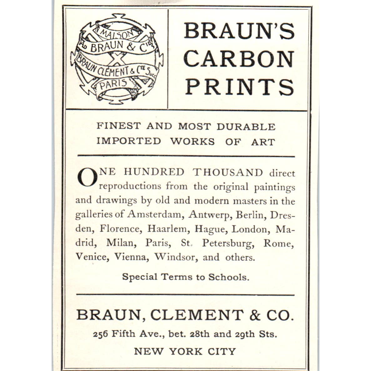 Braun's Carbon Prints Braun Clement & Co NY c1905 Victorian Ad AE9-MA8