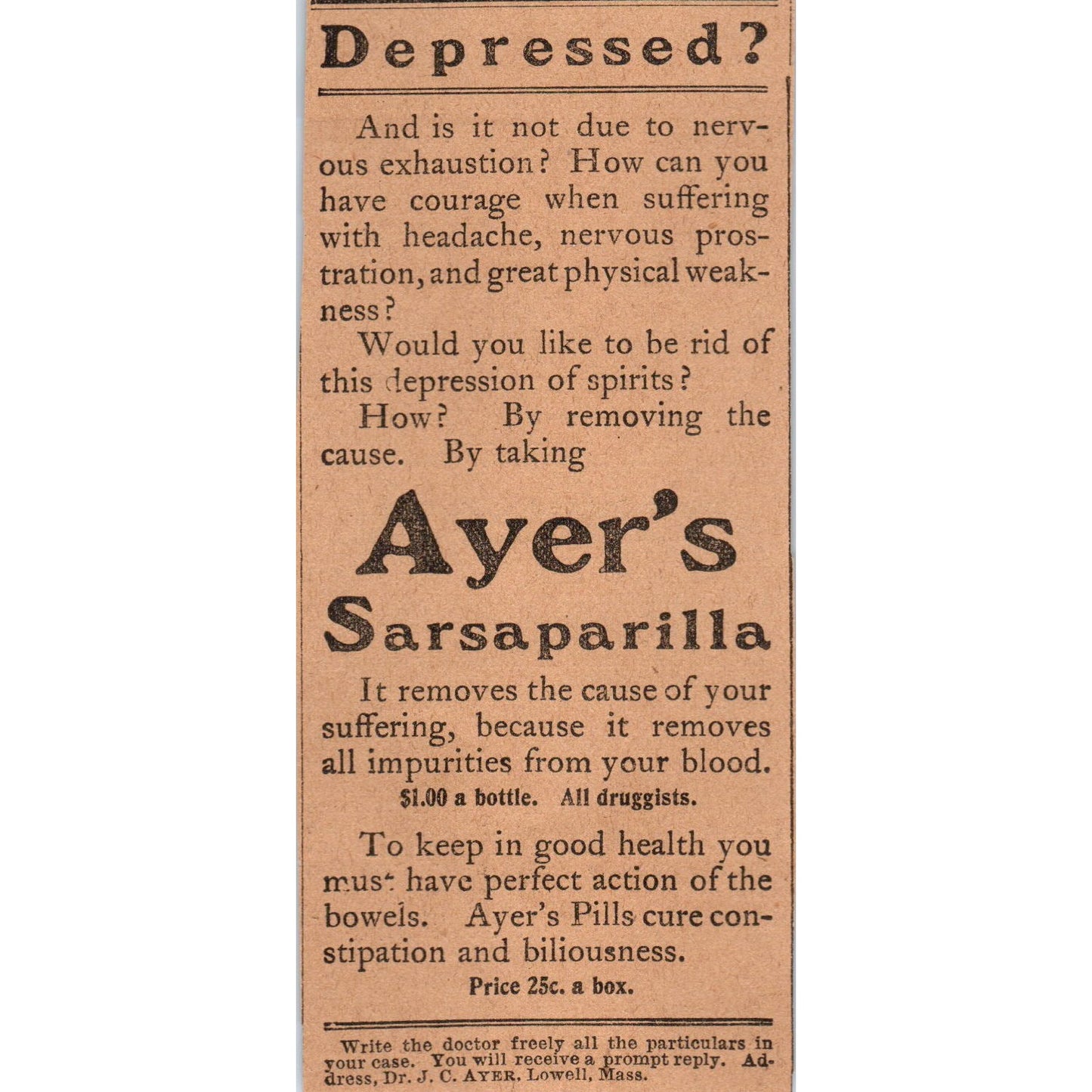 Ayer's Sarsaparilla For Depression Hartford 1901 Newspaper Ad AD8-H3