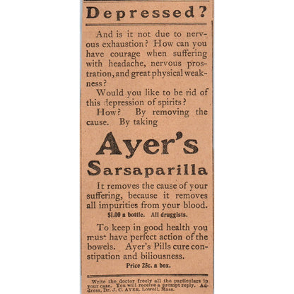 Ayer's Sarsaparilla For Depression Hartford 1901 Newspaper Ad AD8-H3