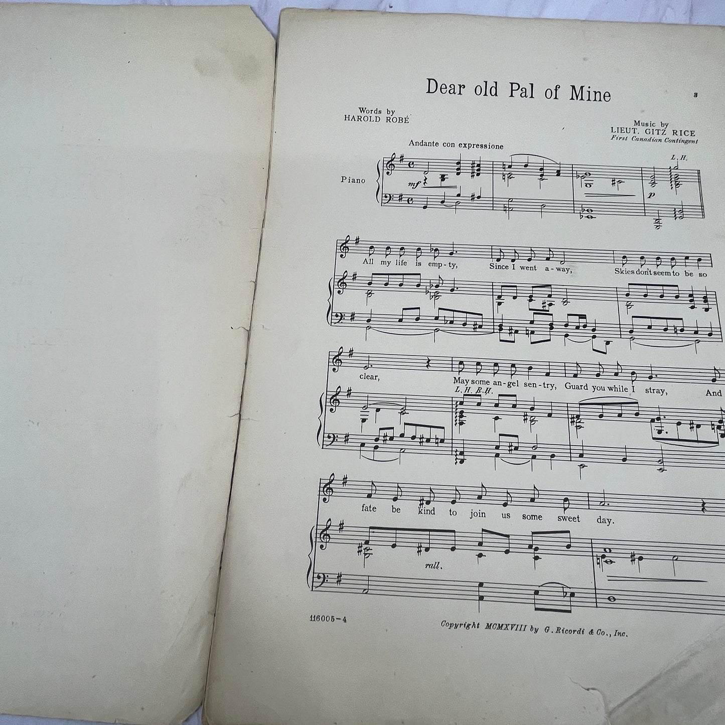 Dear Old Pal of Mine Harold Robè Gitz Rice WWI 1918 Sheet Music V15