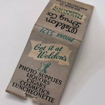 Weldon Drug Co Pharmacists Manchester CT Vintage Matchbook Cover TB8-MB-12