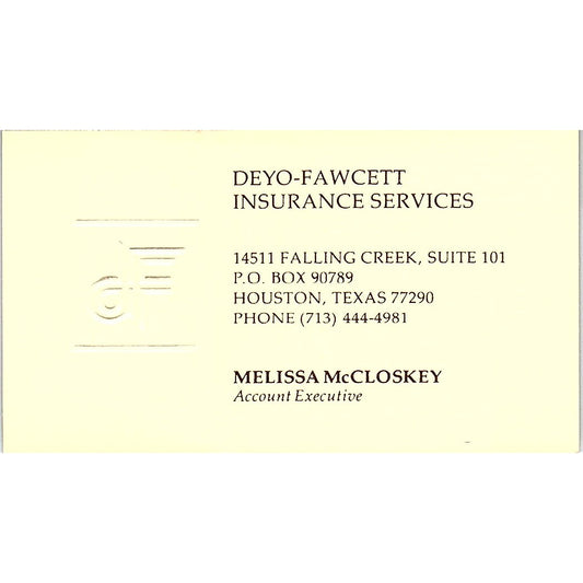 Melissa McCloskey Deyo-Fawcett Ins Services Houston Vintage Business Card SD9-B6