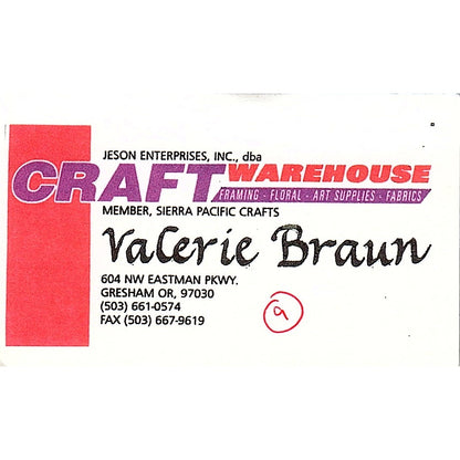 Craft Warehouse Valerie Braun Gresham OR Vintage Business Card SC9-B10