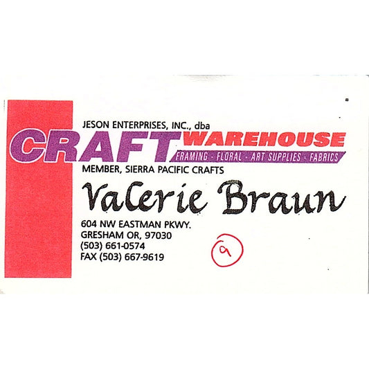 Craft Warehouse Valerie Braun Gresham OR Vintage Business Card SC9-B10