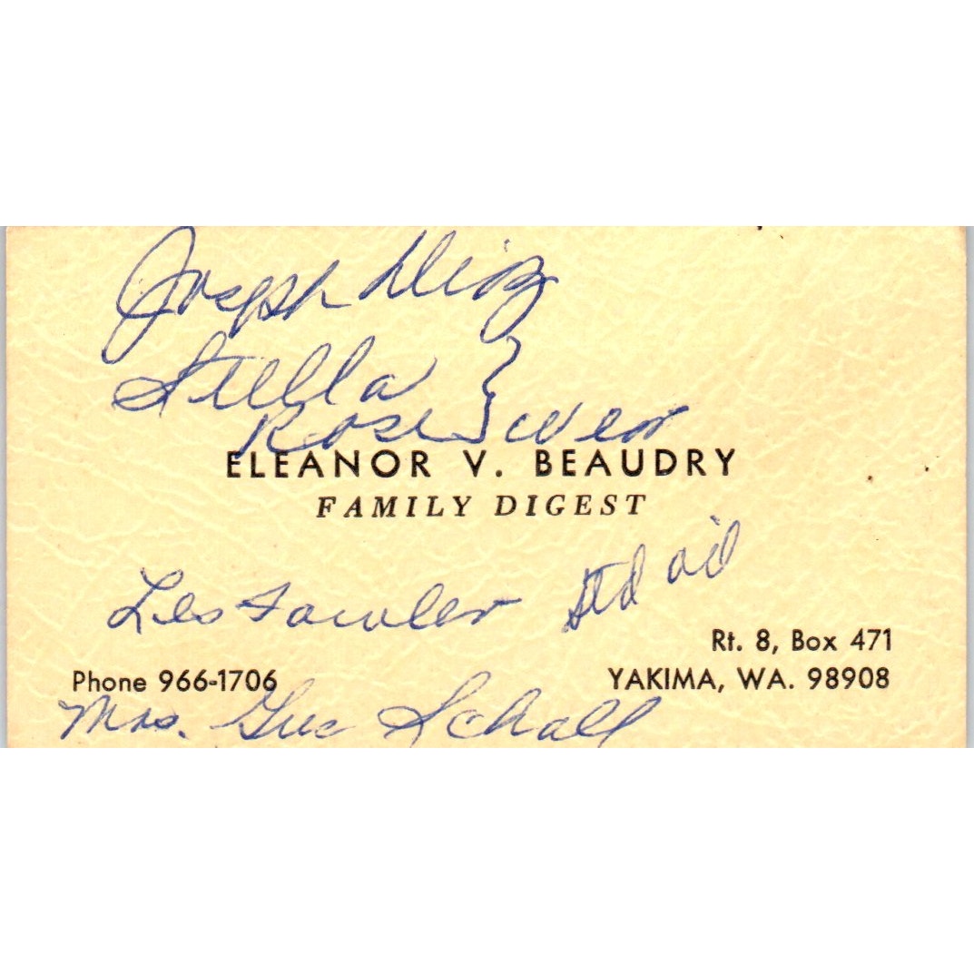 Eleanor V. Beaudry Family Digest Yakima WA Vintage Business Card SD8-B20