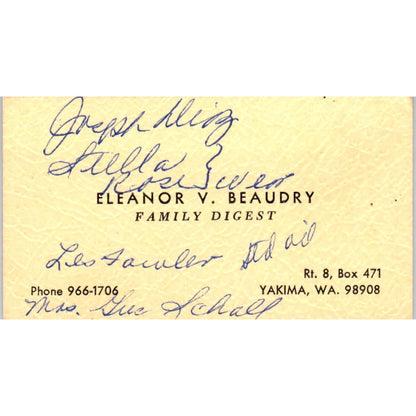 Eleanor V. Beaudry Family Digest Yakima WA Vintage Business Card SD8-B20