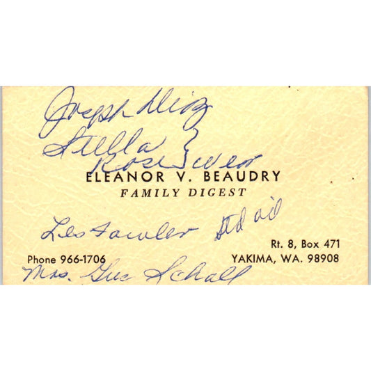 Eleanor V. Beaudry Family Digest Yakima WA Vintage Business Card SD8-B20