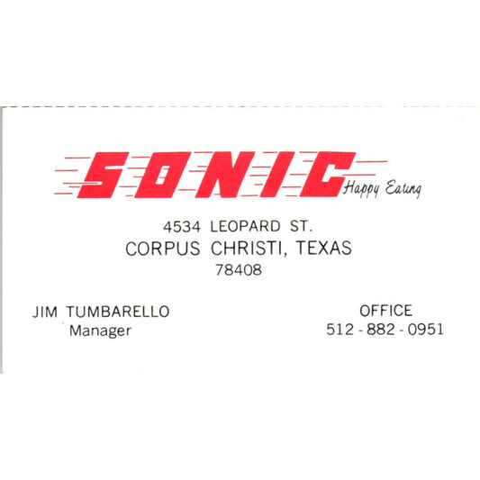 Sonic Happy Eating Jim Tumbarello Corpus Christi TX Vintage Business Card SD8-B6