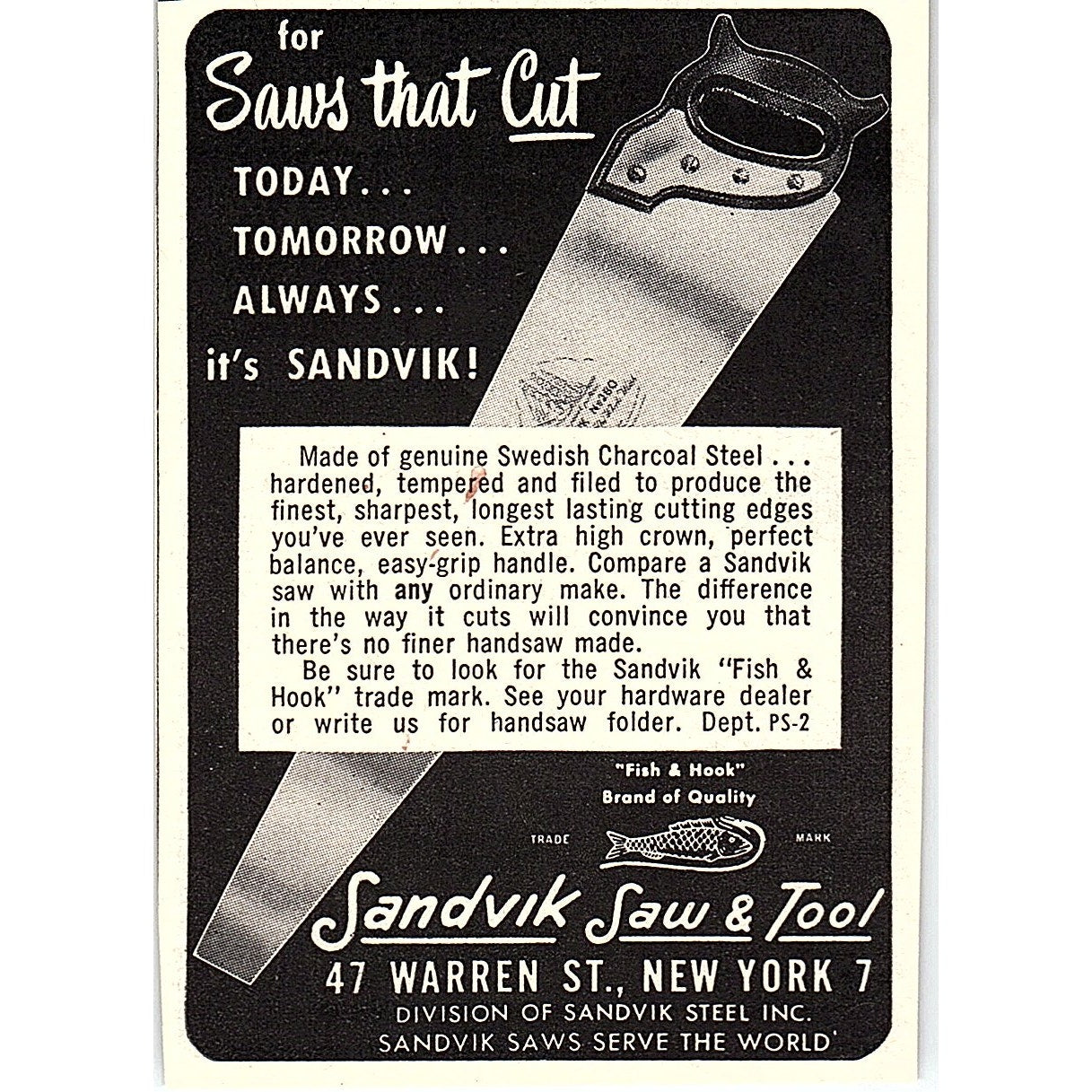 Sandvik Saw & Tool Hand Saws New York NY 1955 Ad AF9-M1