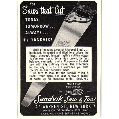 Sandvik Saw & Tool Hand Saws New York NY 1955 Ad AF9-M1
