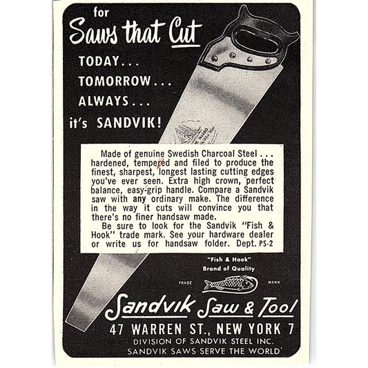 Sandvik Saw & Tool Hand Saws New York NY 1955 Ad AF9-M1
