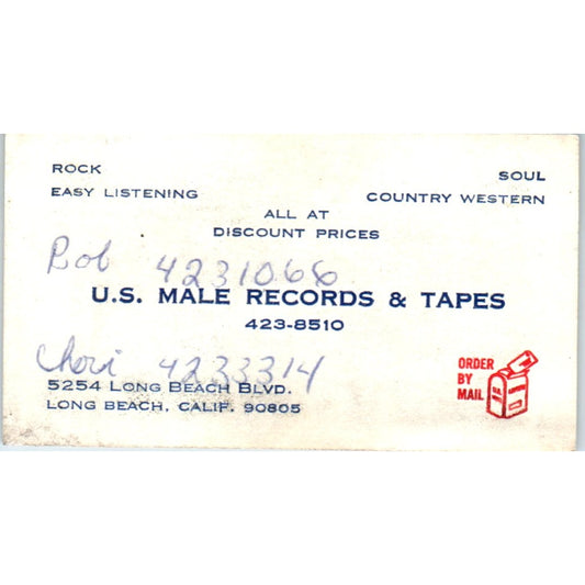 U.S. Male Records & Tapes Long Beach CA Vintage Business Card SD8-B20