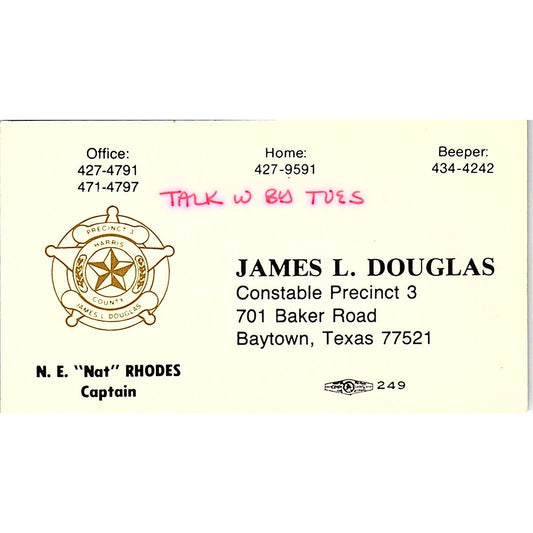 Capt NE Rhodes James L Douglas Constable Precinct 3 Baytown Business Card SC9-B5