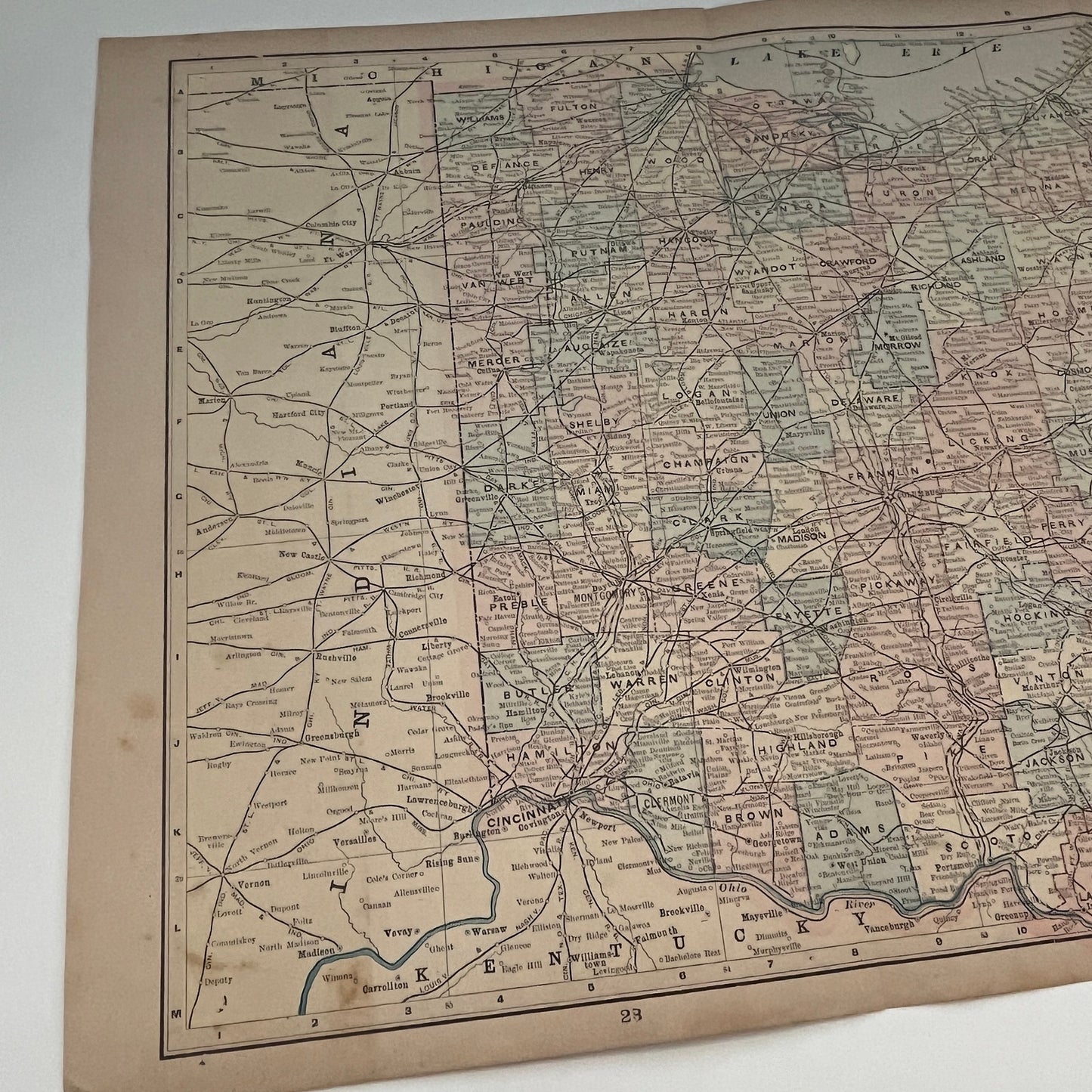 Ohio & Illinois Fold Out 1894 Map Engraving V1-6