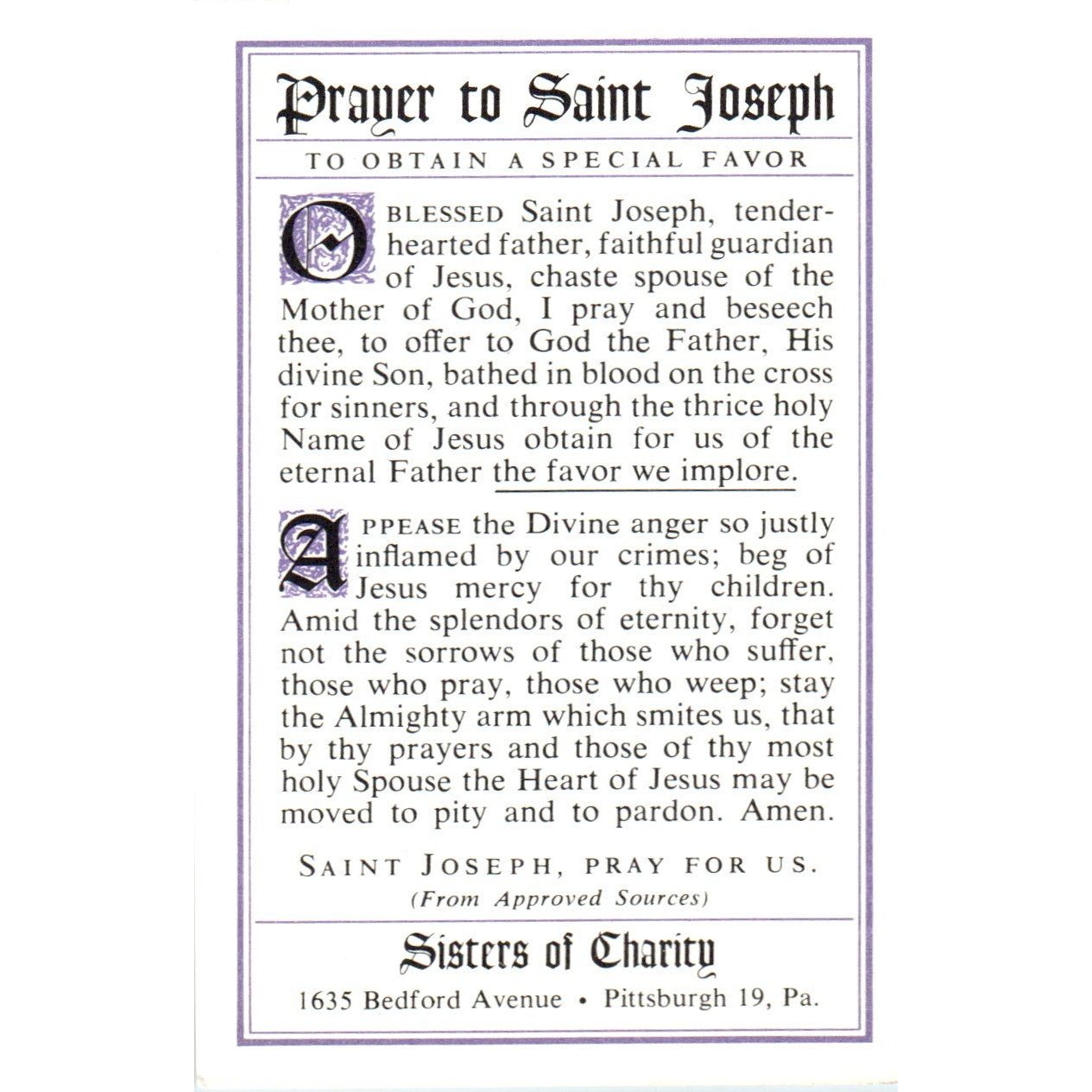 Prayer to St. Joseph Sisters of Charity Pittsburgh Vintage Prayer Card TH2-PC1