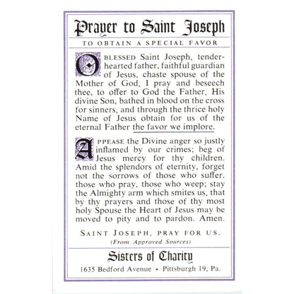 Prayer to St. Joseph Sisters of Charity Pittsburgh Vintage Prayer Card TH2-PC1