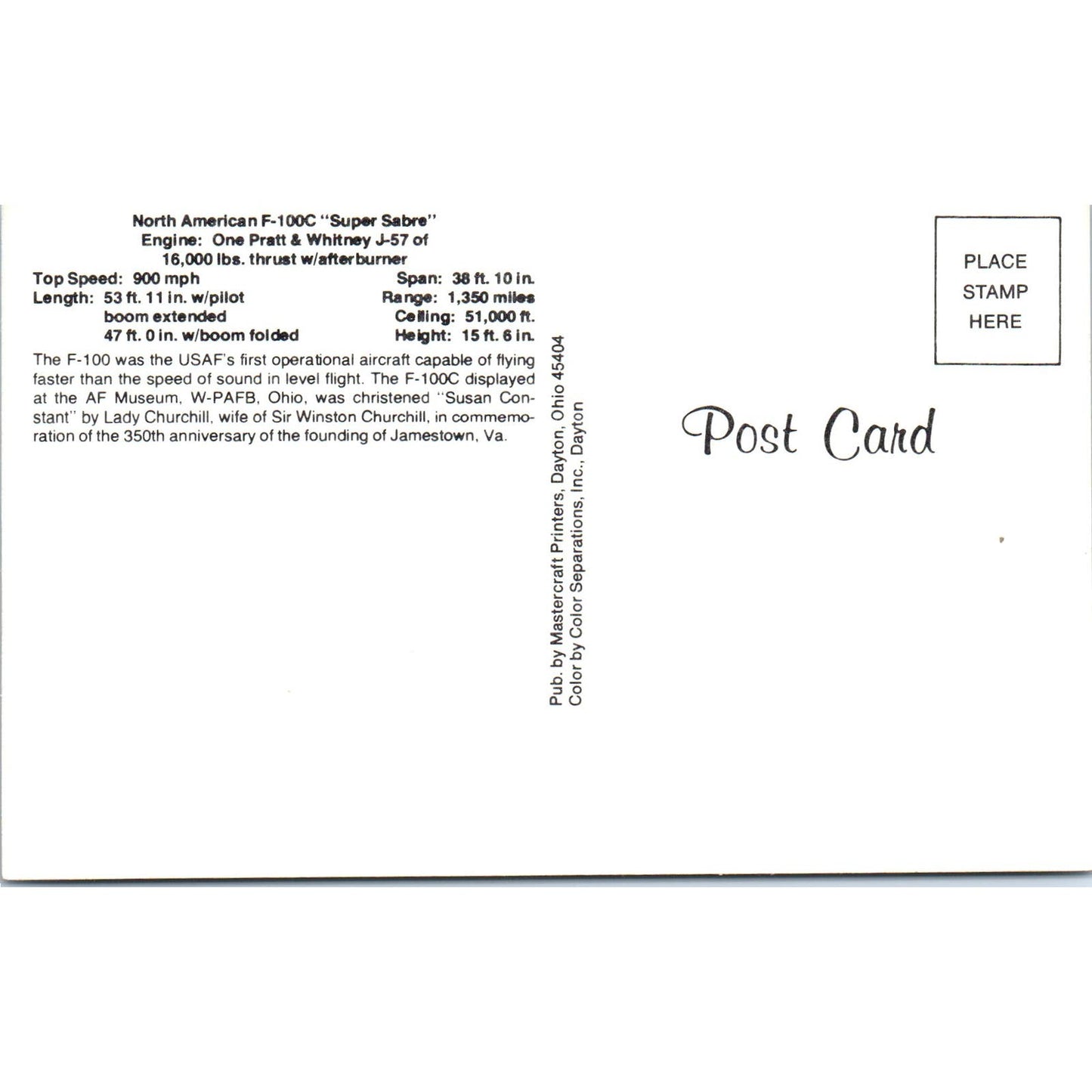 North American F-100C Super Sabre Vintage Postcard PC19