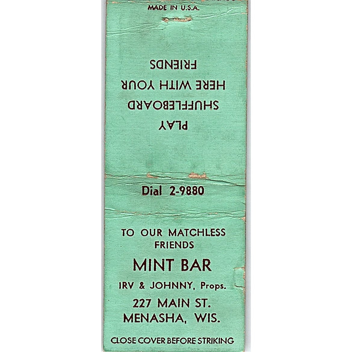 Mint Bar Irv & Johnny Menasha WI Vintage Matchbook Cover SF3-Y2