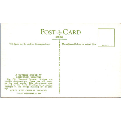 Covered Bridge at Arlington VT Vintage Covered Bridge Postcard PD6