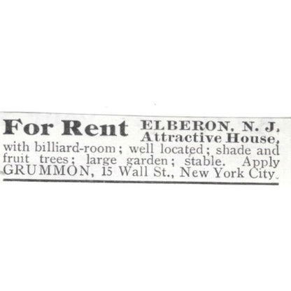Elberon NJ House for Rent Grummon NYC 1903 Ad AF8-S44
