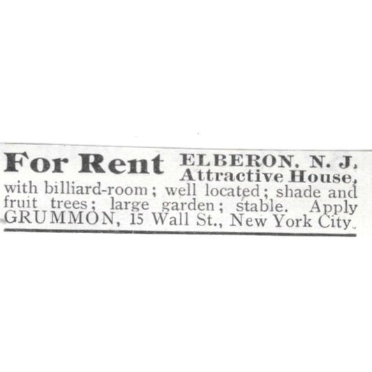 Elberon NJ House for Rent Grummon NYC 1903 Ad AF8-S44