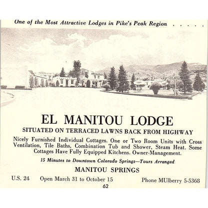 Bella Vista Court Wm Yerkes, El Manitou Lodge Colorado Springs 1958 Ad AG1-H2