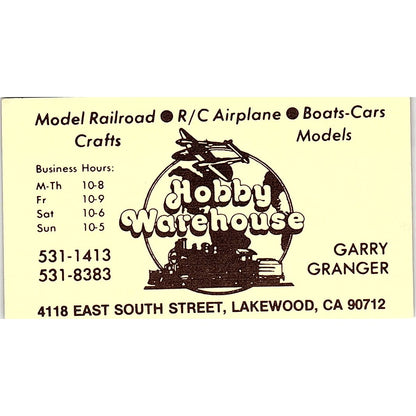 Hobby Warehouse Garry Granger Lakewood CA Vintage Business Card SC9-B1