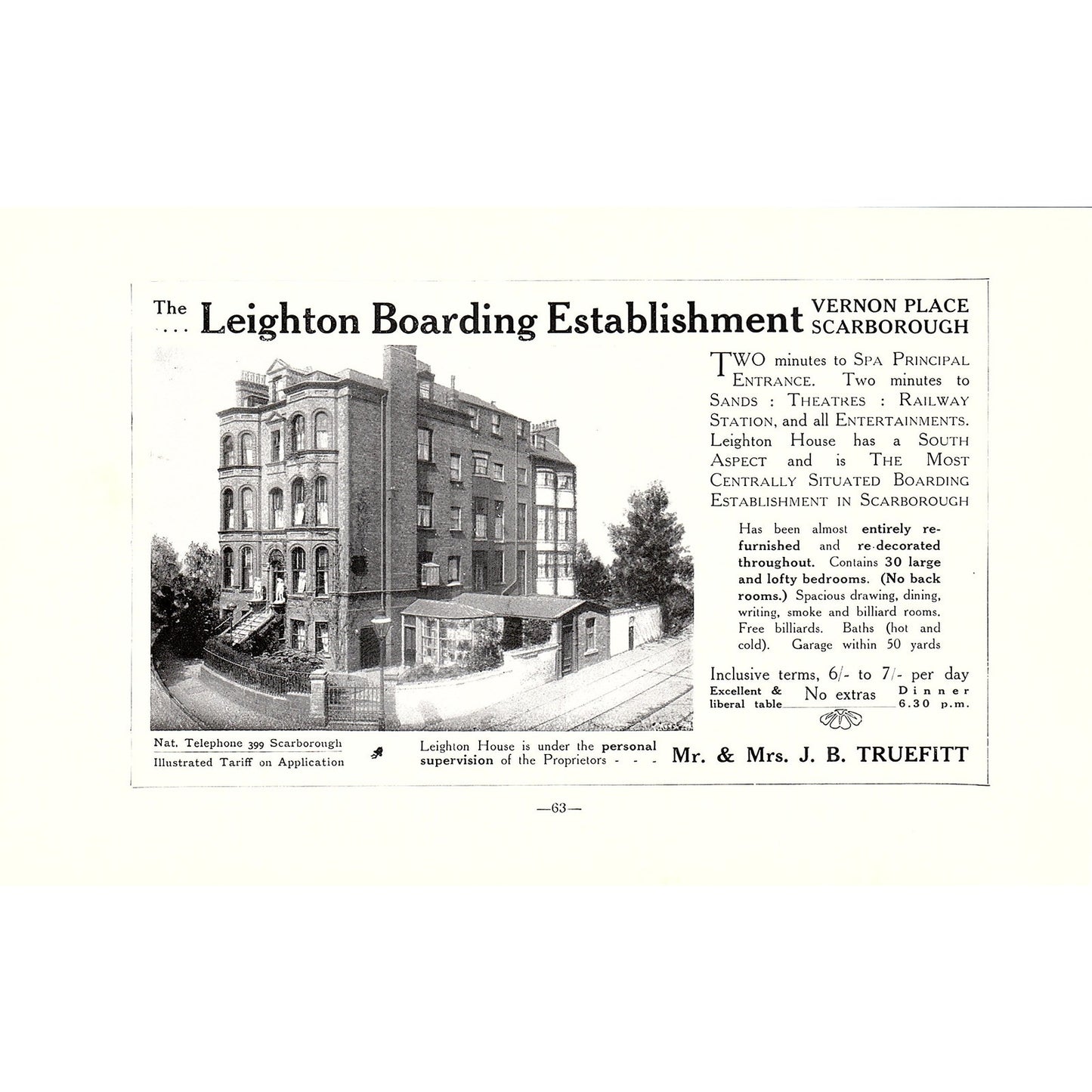 Leighton Boarding Establishment Truefitt Vernon Place Scarborough c1910 Ad AF3-9