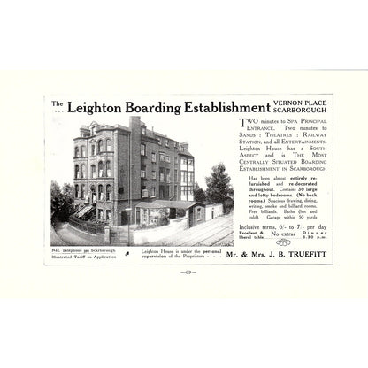 Leighton Boarding Establishment Truefitt Vernon Place Scarborough c1910 Ad AF3-9