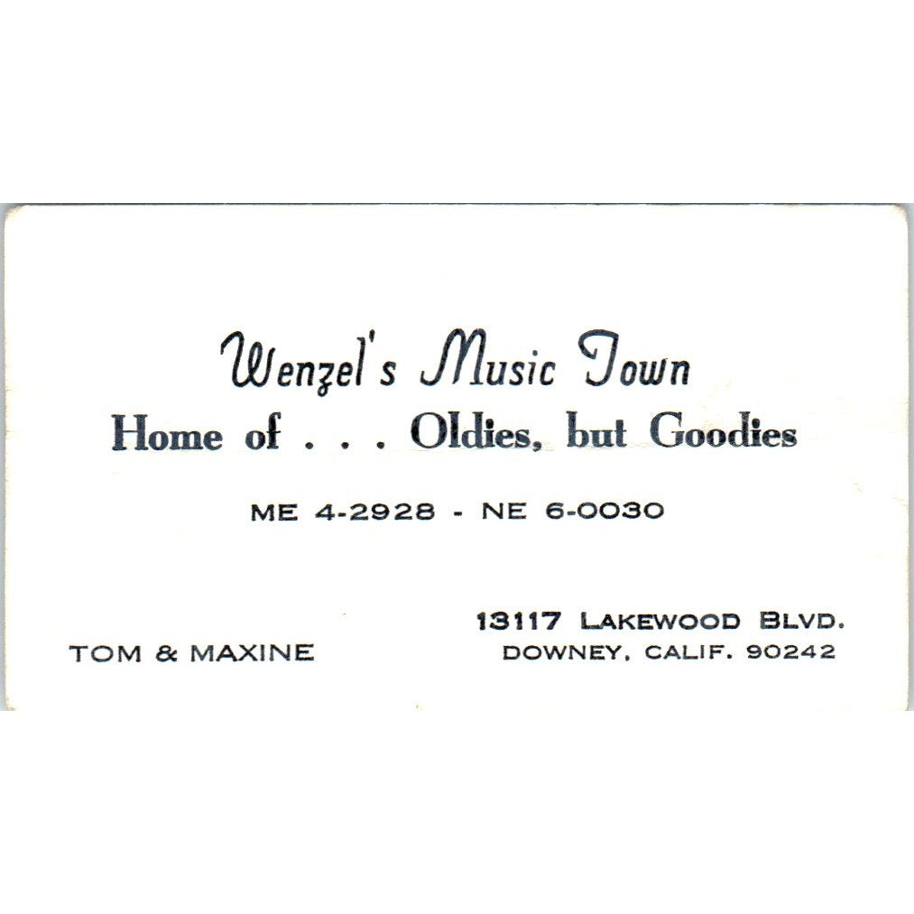 Wenzel's Music Town Tom & Maxine Downey CA Vintage Business Card SD8-B20