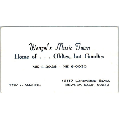 Wenzel's Music Town Tom & Maxine Downey CA Vintage Business Card SD8-B20