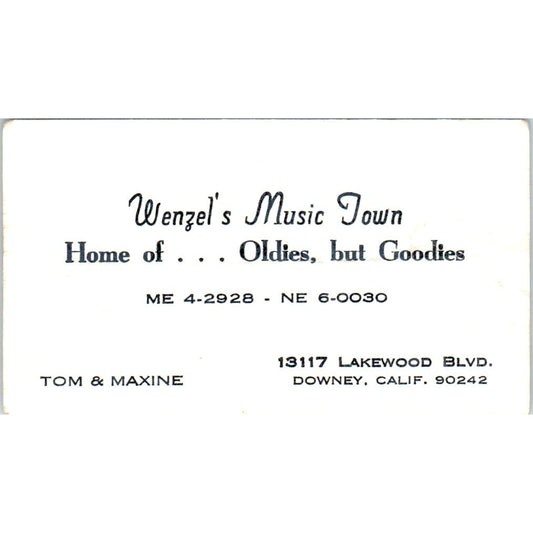 Wenzel's Music Town Tom & Maxine Downey CA Vintage Business Card SD8-B20