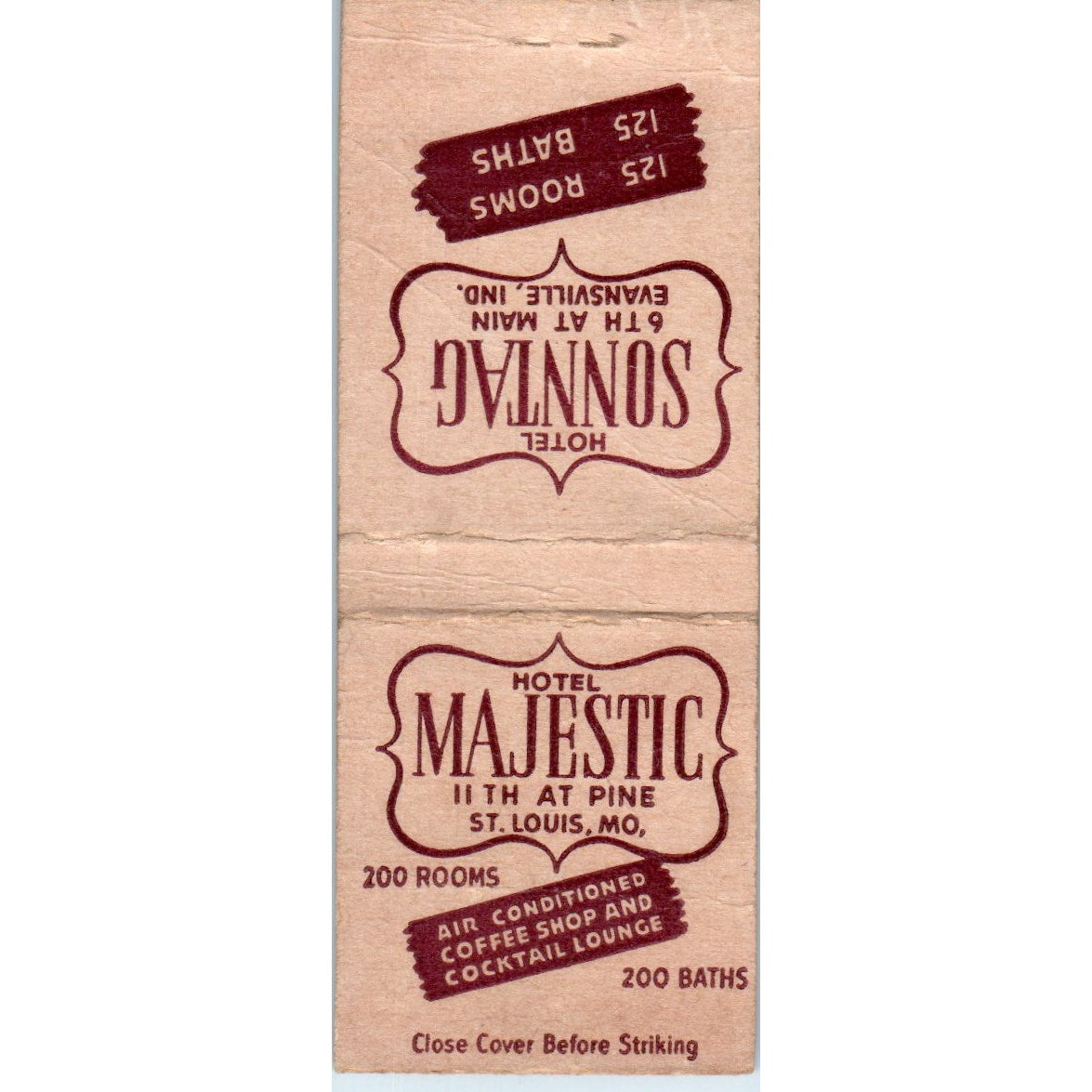 Hotel Majestic St. Louis MO Sonntag Evansville IN Vintage Matchbook Cover SF4-Y5