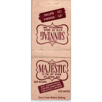 Hotel Majestic St. Louis MO Sonntag Evansville IN Vintage Matchbook Cover SF4-Y5