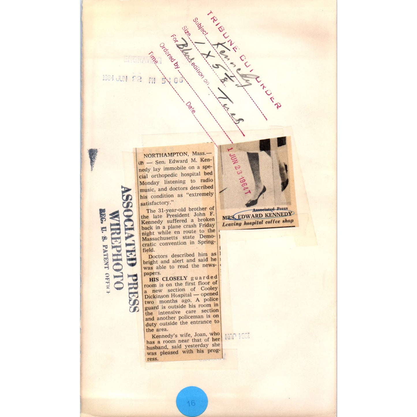 Mrs. Edward Kennedy After Plane Crash 1964 6x10 Original Press Photo D1-P