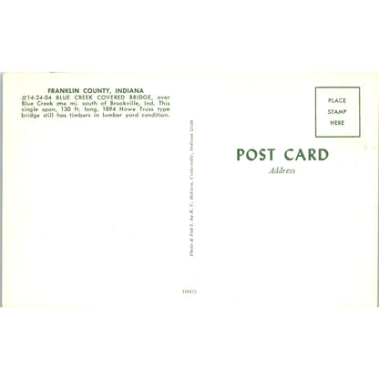 Franklin County Indiana Blue Creek Covered Bridge Postcard PB10