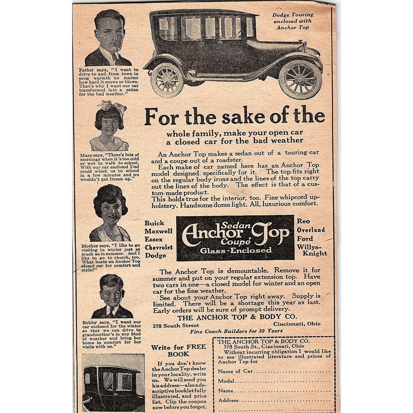 Sedan Anchor Top Coupe - The Anchor Top & Body Co Cincinnati 1920 Ad AG2-6