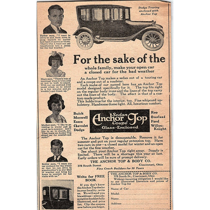 Sedan Anchor Top Coupe - The Anchor Top & Body Co Cincinnati 1920 Ad AG2-6