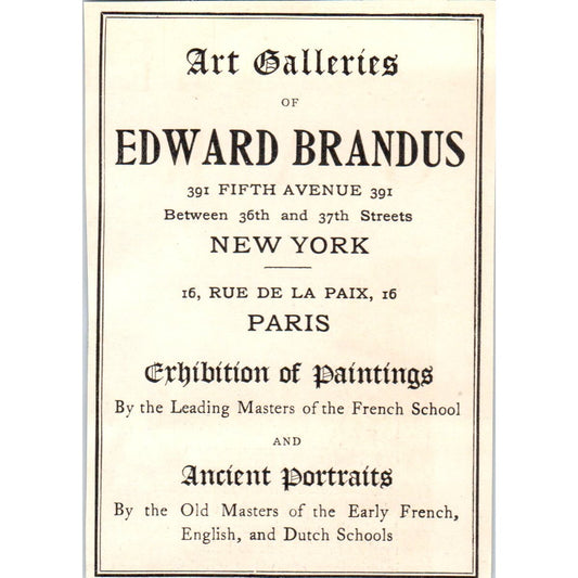 Edward Brandus Galleries 5th Ave NY c1905 Victorian Ad AE9-MA6
