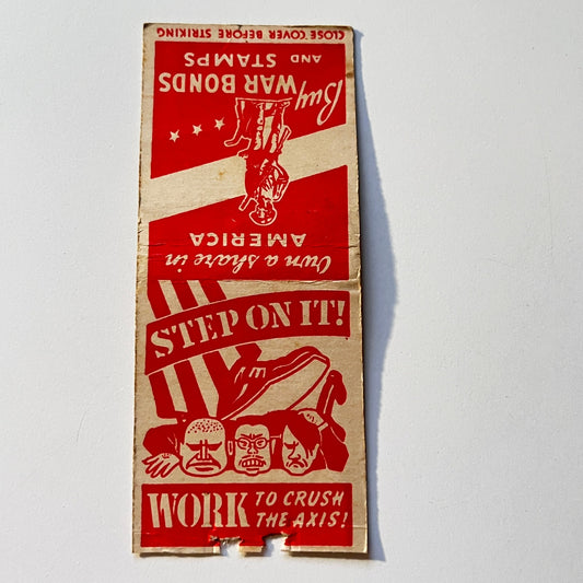 1940s WWII Step On It Hitler Tojo Musso Caricature Matchbook Cover MB111-6-2