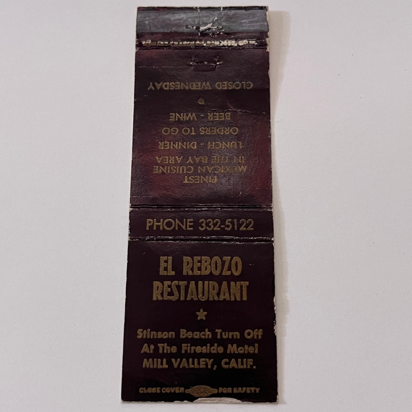 El Rebozo Restaurant Mill Valley CA Vintage Matchbook Cover TB6-MB1-15