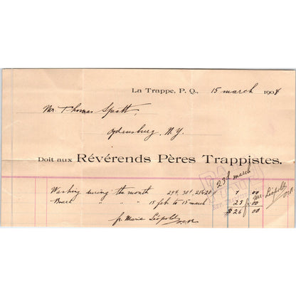 1908 Révérends Pères Trappistes Letterhead Billhead La Trappe P.Q. Quebec AE6-2