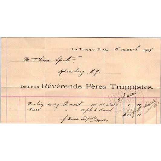 1908 Révérends Pères Trappistes Letterhead Billhead La Trappe P.Q. Quebec AE6-2