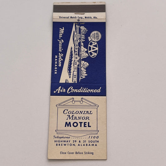 Colonial Manor Motel Hwy 29 & 31 South Brewton AL Vtg Matchbook Cover TB6-MB2-3