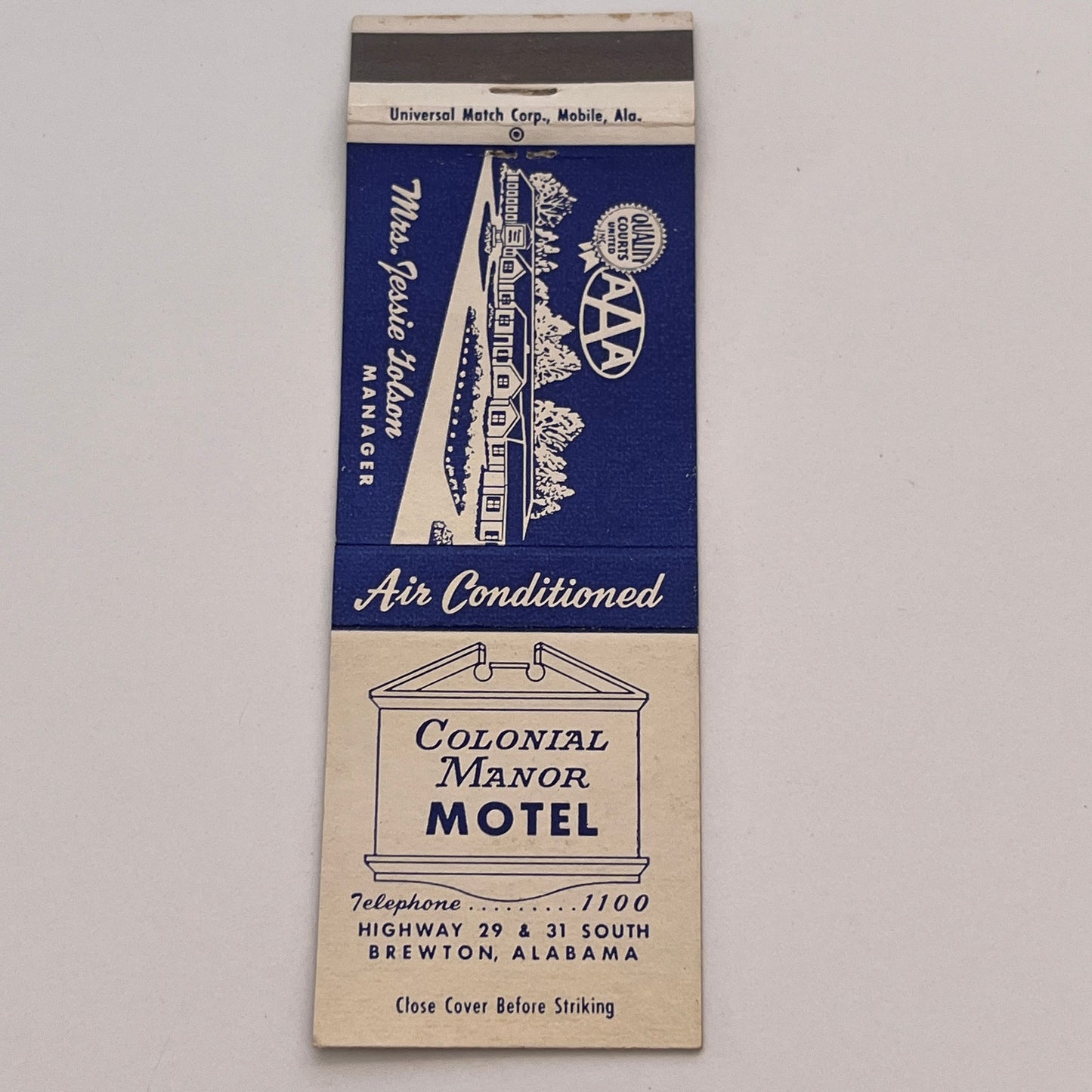 Colonial Manor Motel Hwy 29 & 31 South Brewton AL Vtg Matchbook Cover MB59-2